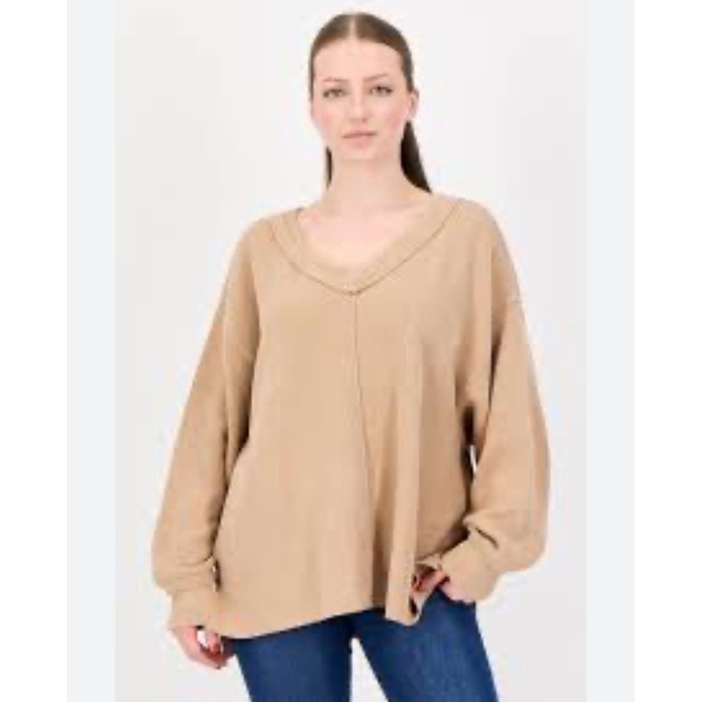Aerie Oversized Waffle Knit V-Neck Sweater Tan 2264-0964 S/P